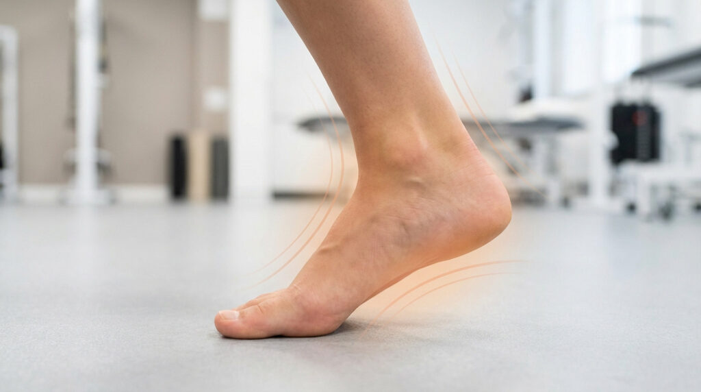 Photo of a human foot demonstrating pronation with subtle orange lines indicating inward roll, set against a blurred clinical background.