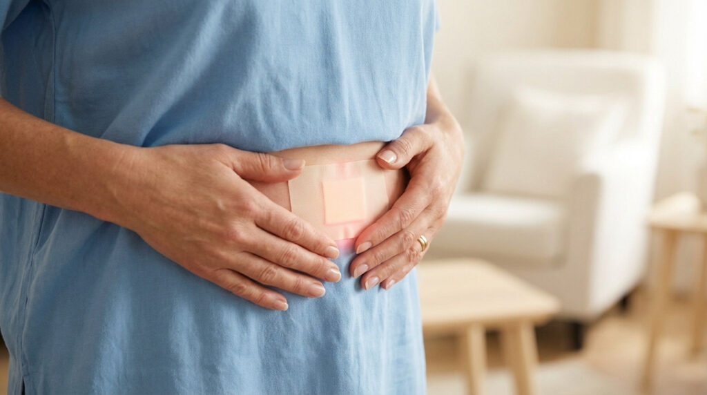 Close-up of hands gently touching a medical bandage on a torso, showing a subtle pink glow beneath. Serene, warm setting.