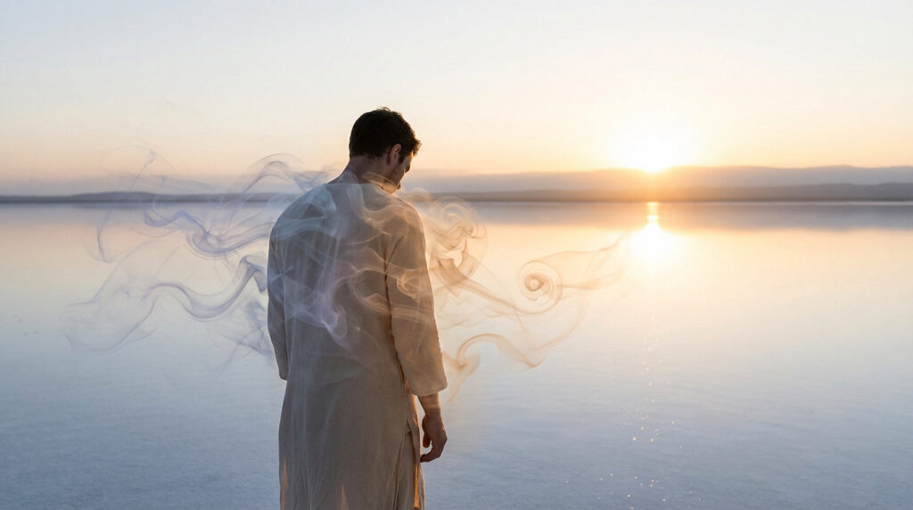 Person by reflective water at sunrise. Cool mist around them transforms into warm light, symbolizing emotional release and clarity.