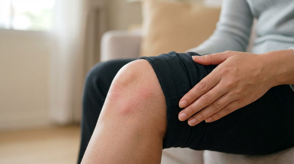 Close-up of a person's slightly bent knee with visible redness and subtle swelling on the kneecap. A hand gently touches the thigh.
