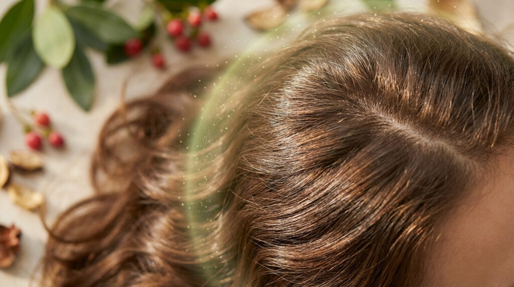 Close-up of vibrant brown hair and scalp with a shimmering golden-green protective aura, framed by blurred botanicals like berries.