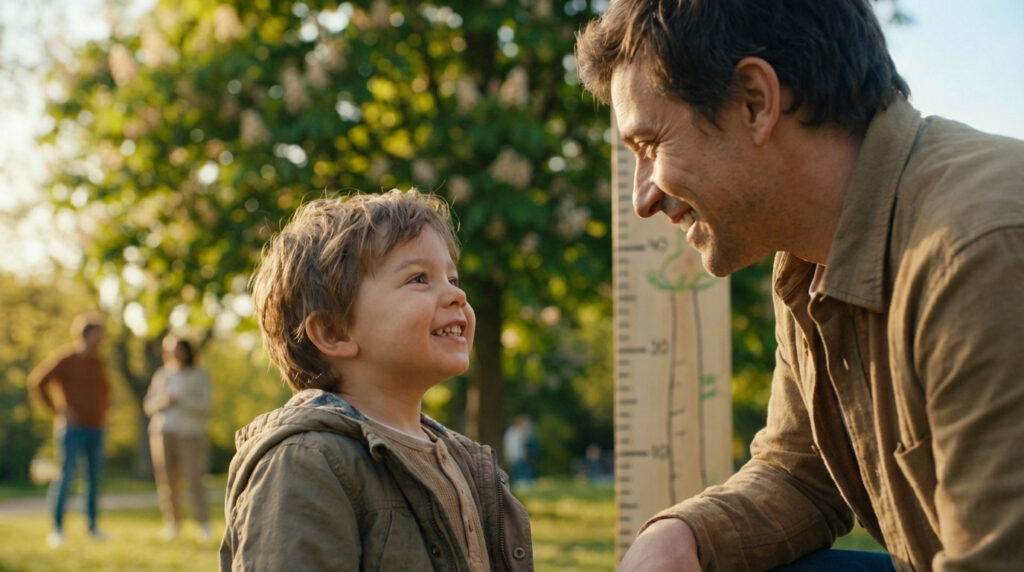 A young child and an adult share a genuine, joyful smile in a sunlit park, with a wooden height chart in the background.
