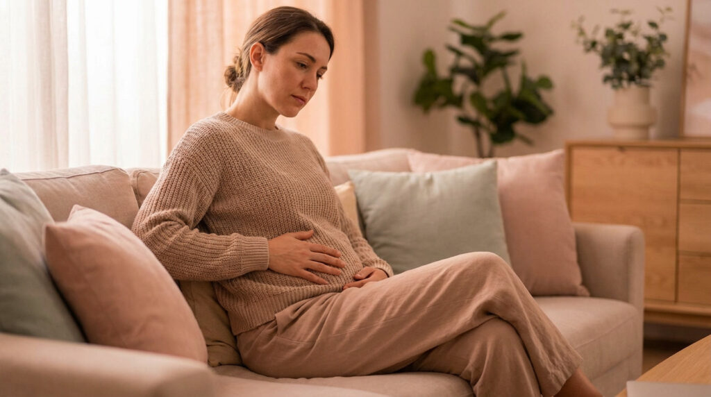 A contemplative woman gently touches her lower abdomen while sitting on a couch in a soft-lit, warm-toned room, reflecting on her body.