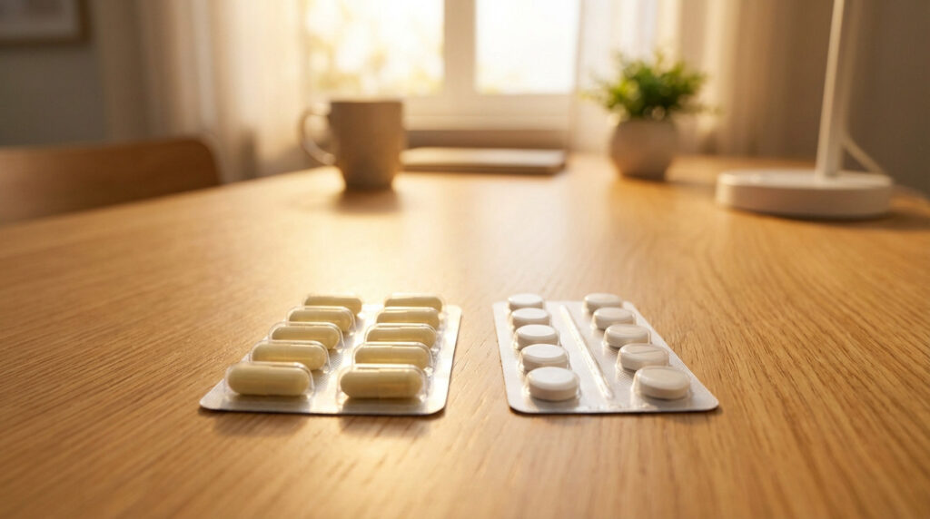 Amoxicillin capsules and Paracetamol tablets in blister packs on a warm, golden-lit wooden table in a blurred home setting.