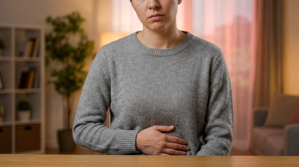 A woman in a grey sweater gently presses her hand to her lower abdomen, with a pensive expression. Soft, warm-toned, blurred background.