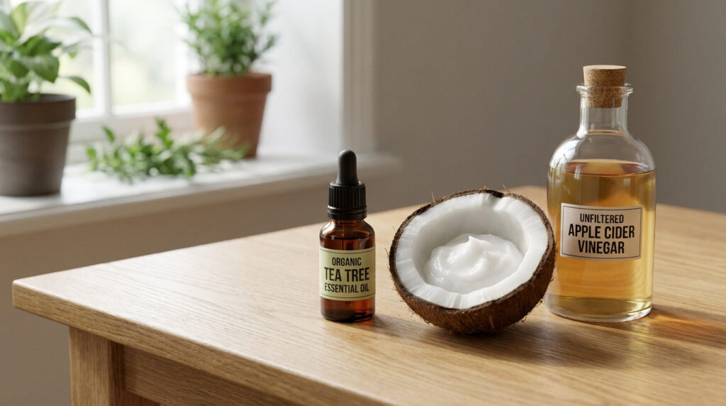 Natural skin remedies: tea tree oil, coconut oil in a half-shell, and apple cider vinegar on wood, with blurred plants.