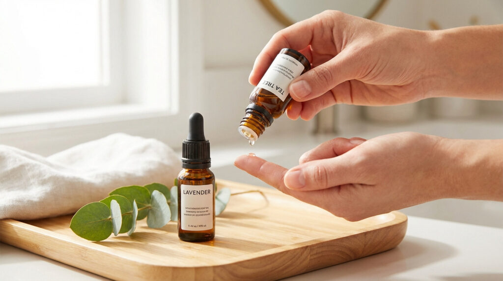 Close-up of hands applying a drop of Tea Tree essential oil from an amber bottle onto a finger, with a Lavender bottle and eucalyptus on a wooden tray in a bright, clean setting.