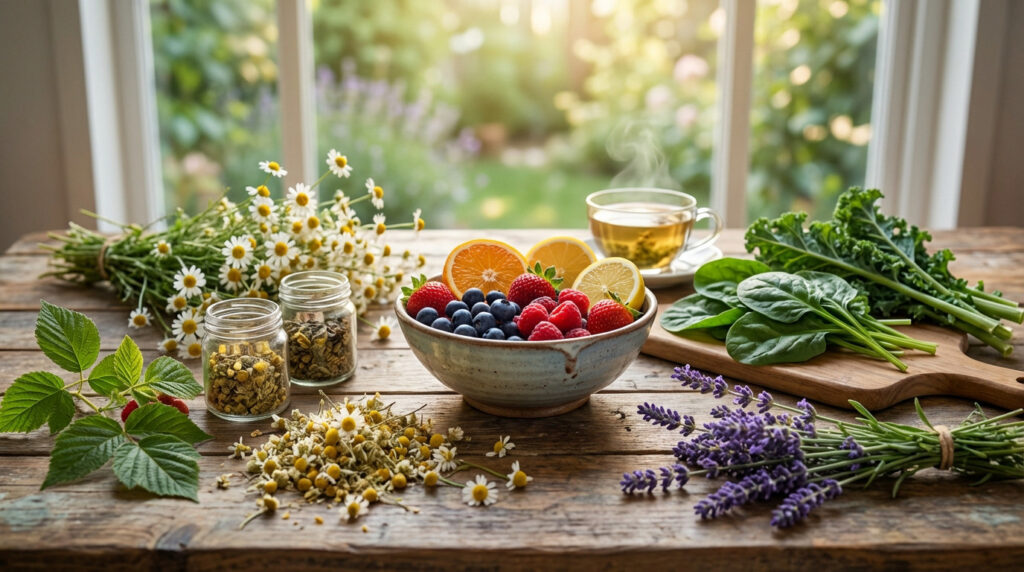 Rustic table with chamomile, lavender, raspberry leaves, berries, citrus, spinach, kale, and steaming tea by a sunlit window.