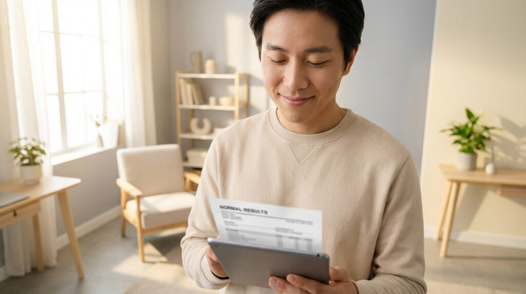 A man with a soft, contented smile looks at 'NORMAL RESULTS' on a document and tablet in a bright, modern room.