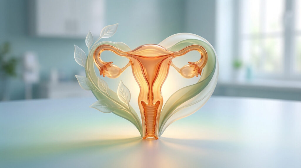 A photorealistic image of a glowing golden uterus, embraced by translucent green organic elements, symbolizing health and fertility.