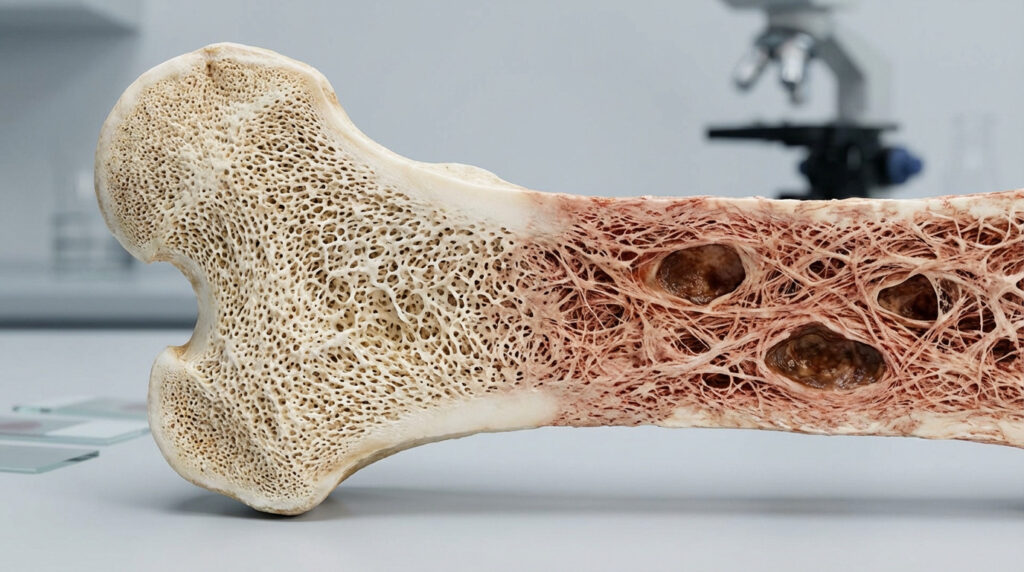 Cross-section of human long bone: healthy dense tissue (left) contrasts with fibrocystic osteitis, fibrous tissue, and brown tumors (right).