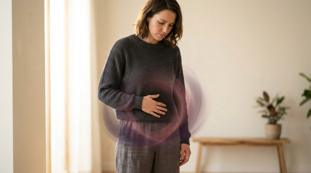 A woman in a grey sweater gently holds her lower abdomen, a subtle purple and red ethereal glow highlighting the area, suggesting internal focus.