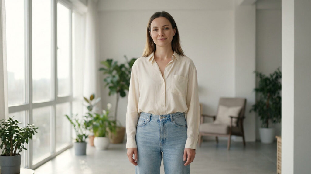 Woman in cream top and jeans stands confidently, subtle smile, in a bright, minimalist room with natural light.