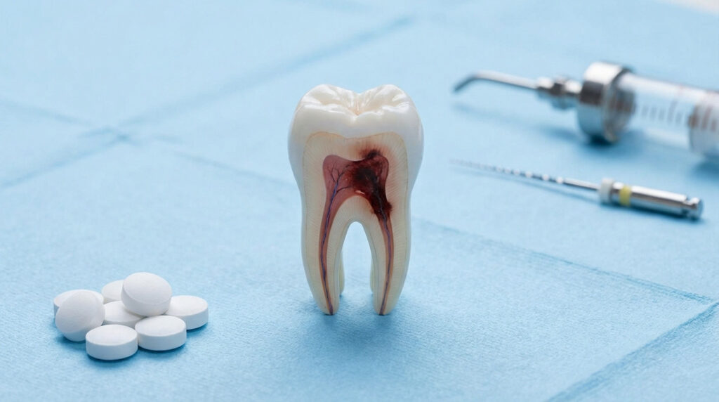 Detailed cross-section of an infected molar tooth model, showing dark pulp. White pills appear ineffective next to dental instruments.