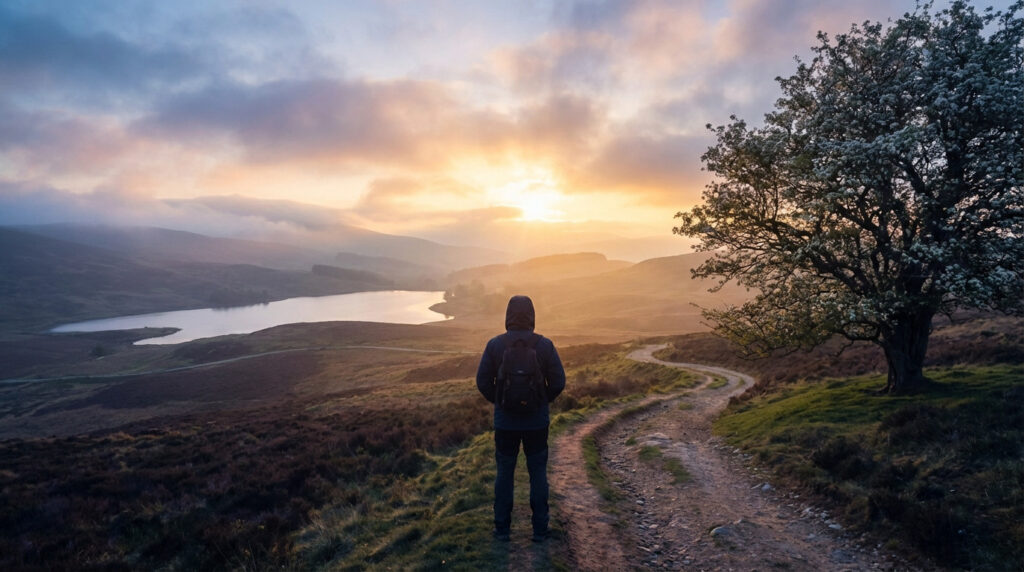 Person on winding path overlooking vast landscape with lake, watching golden sunrise/sunset through clouds. Symbolizes discovery & new beginnings.