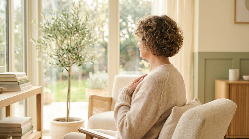 Woman in a soft sweater gently touching her chest, looking out a sunlit window in a peaceful, minimalist room with an olive tree.