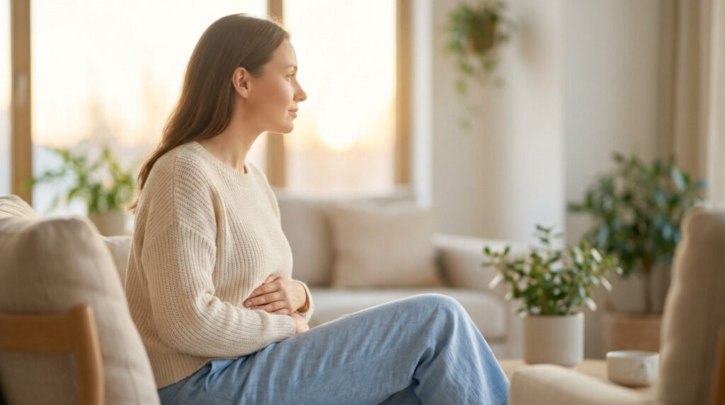 A woman in a cream sweater and blue pants sits on a couch, gently holding her abdomen, looking hopefully towards a sunlit window in a serene room.