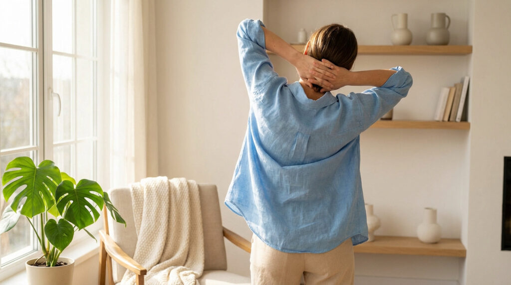 Woman from back stretches shoulders in a bright, modern room. Natural light, soft blue top, beige pants. Minimalist decor, plant, chair.
