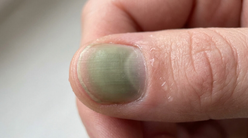 High-resolution close-up of a human fingernail with prominent green discoloration, known as 'syndrome des ongles verts'. Moisture is visible near the cuticle.