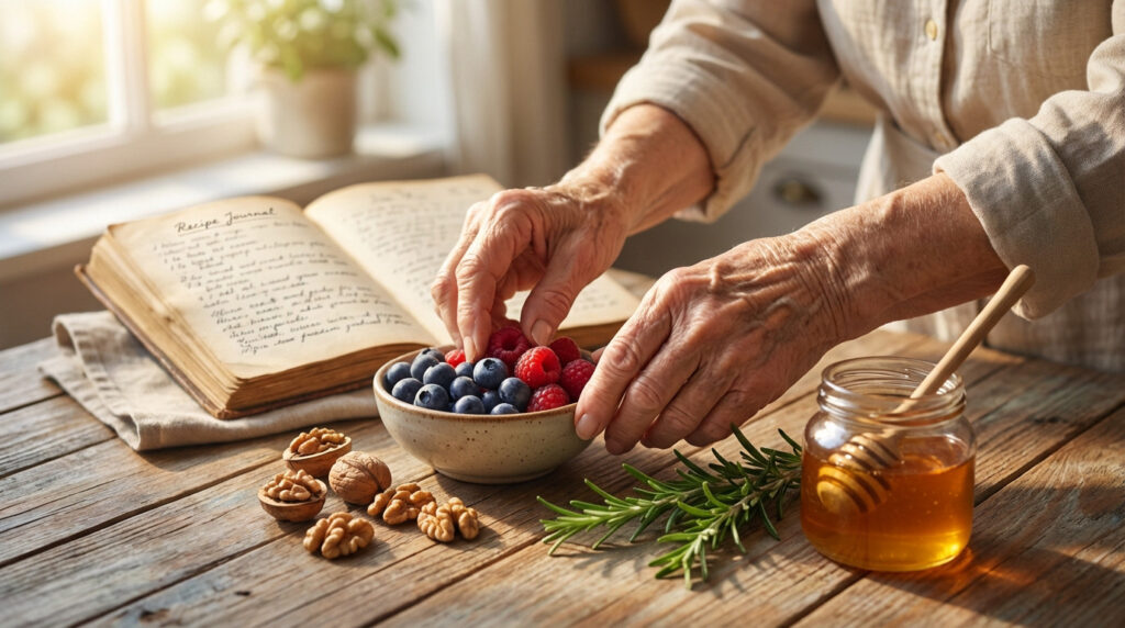 Wrinkled hands of an elderly woman arranging fresh berries, walnuts, rosemary, and honey on a rustic table with a recipe journal, in warm sunlight.