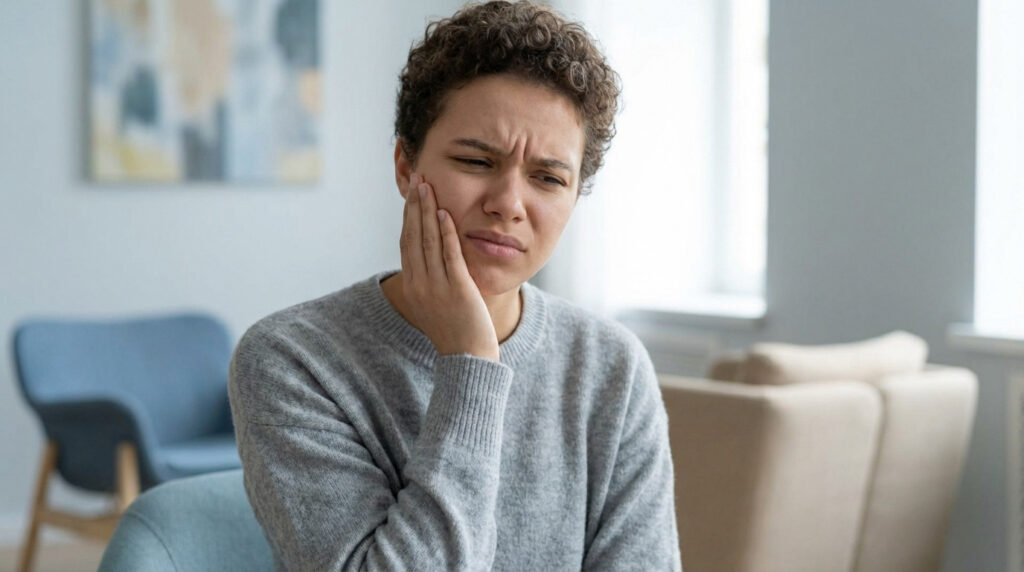 A young adult with short curly hair gently touches their jaw, showing discomfort with furrowed brows and narrowed eyes in a soft, blurred modern room.