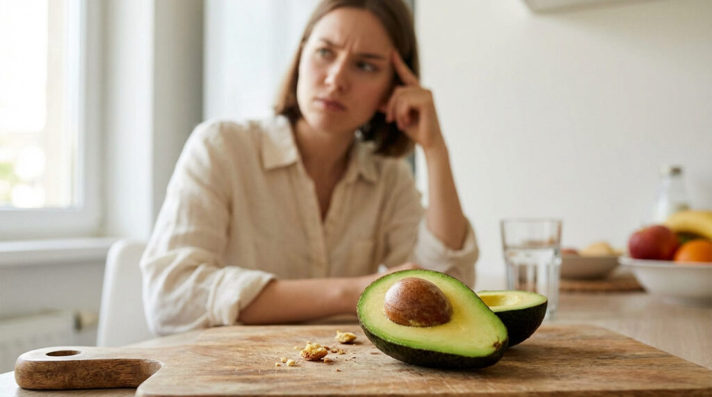 Gros plan sur un avocat coupé en deux devant une femme l'air préoccupé par une éventuelle intolérance alimentaire.