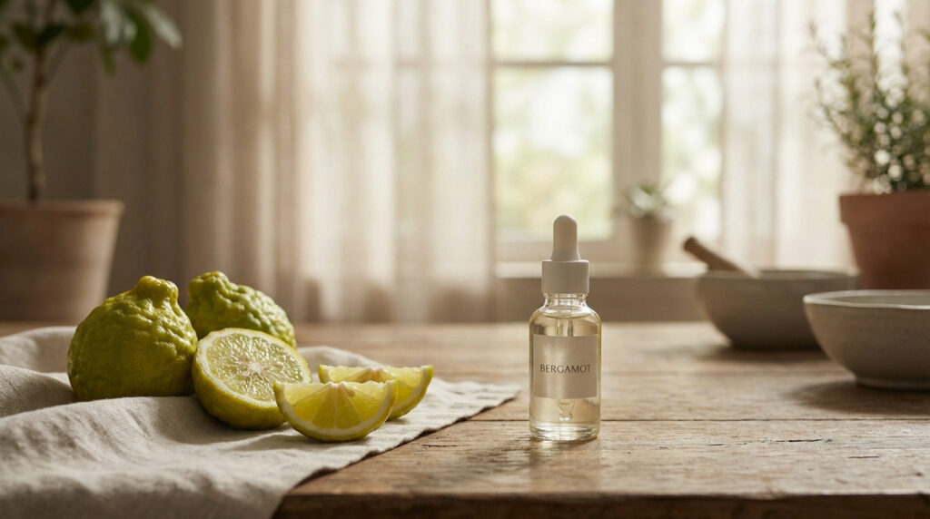A glass bottle of bergamot essential oil with whole and sliced bergamot fruits on a linen cloth. Soft light from a window illuminates a tranquil scene.