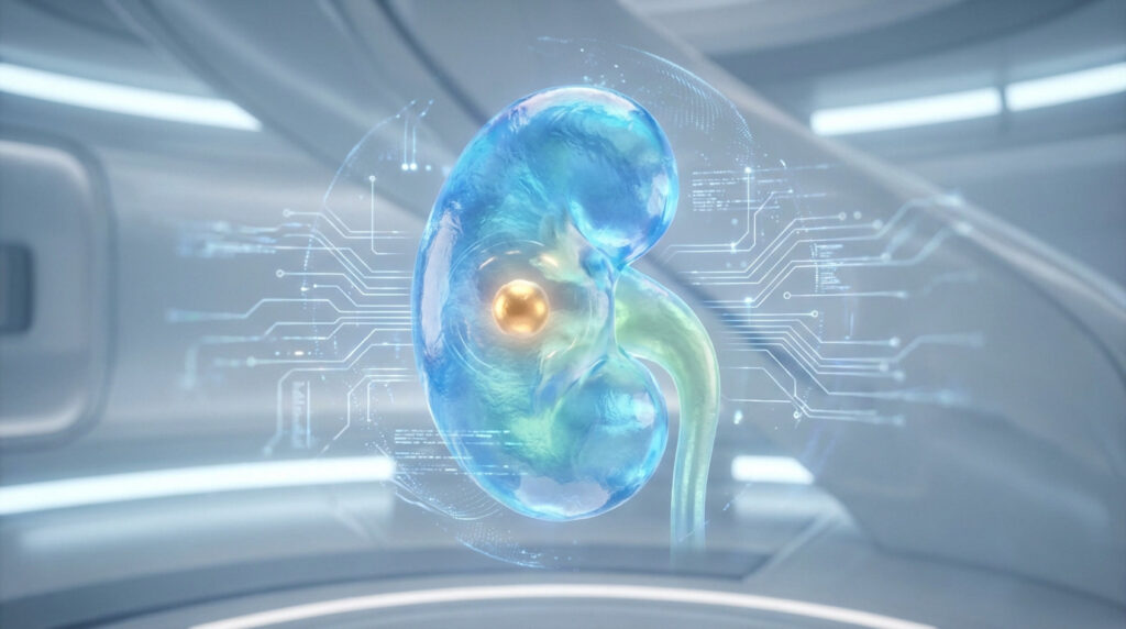A luminous, translucent blue and green kidney with a glowing golden cyst, surrounded by digital scanning patterns in a futuristic medical setting.