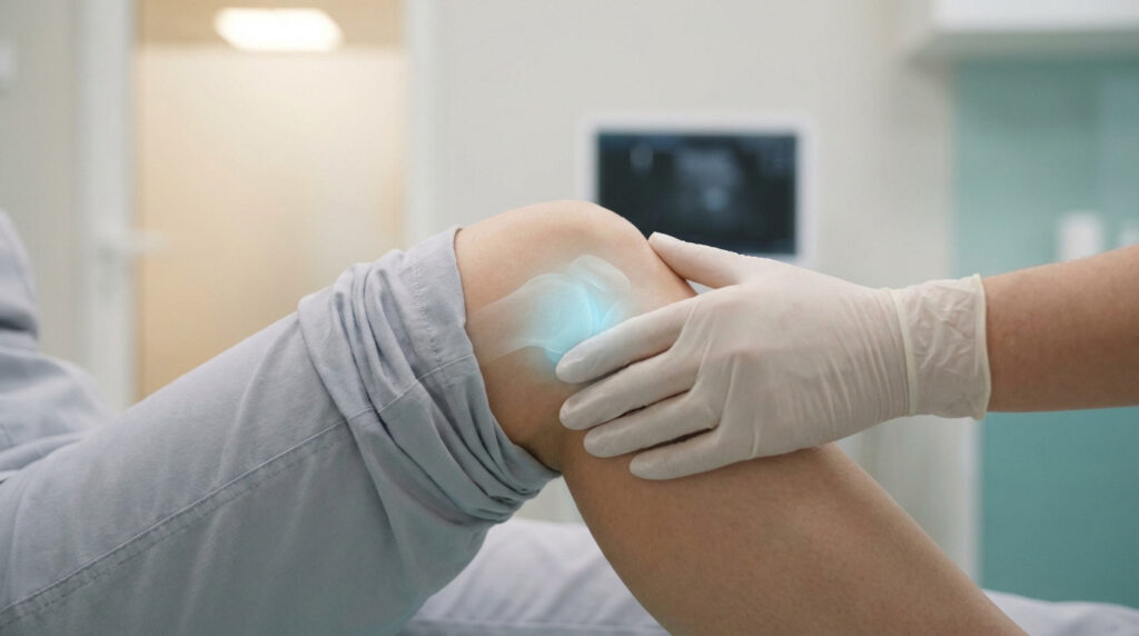 A gloved hand gently examines a human knee showing a subtle, translucent blue joint effusion in a clean medical environment.