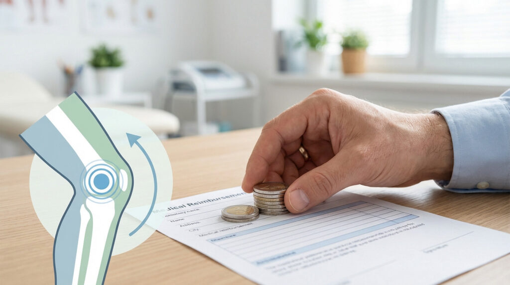 Hand places euro coins on a medical reimbursement form beside a knee graphic, symbolizing financial coverage for joint treatment.