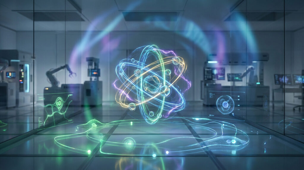 Image futuriste de recherche scientifique : un modèle atomique lumineux au centre d'un laboratoire avec robots et données cellulaires.