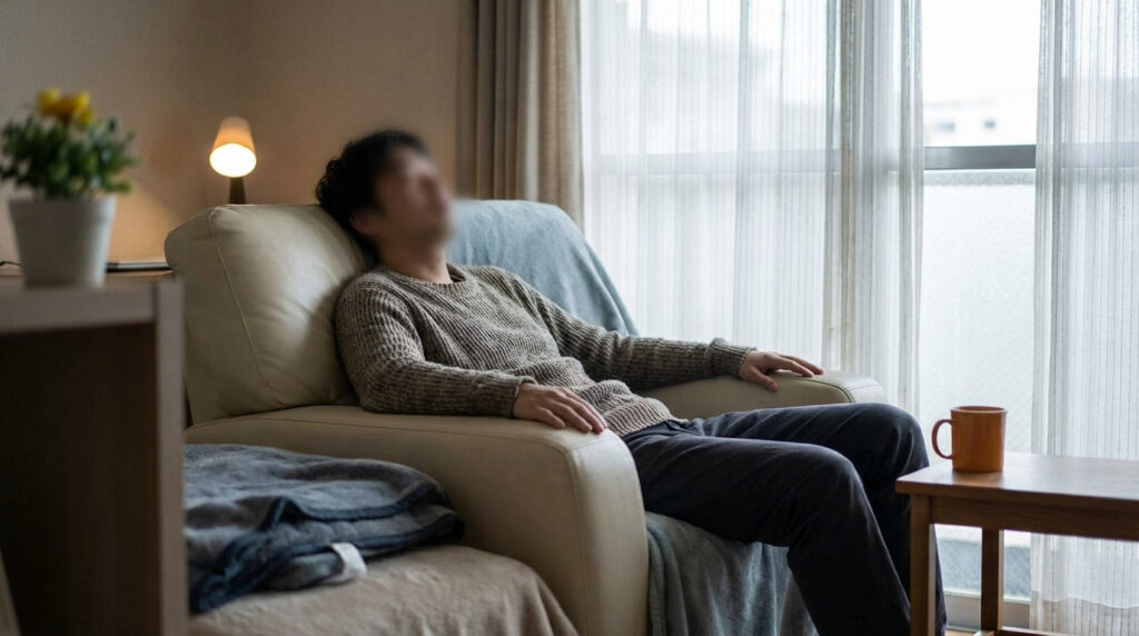 A weary person rests in a cream armchair in a softly lit room, bathed in natural light, conveying quiet reflection and peace.
