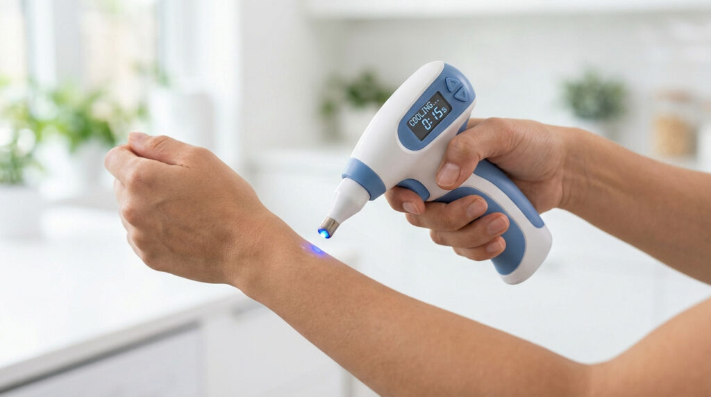 Close-up of a hand holding a blue and white cryotherapy device, precisely treating a specific area on a forearm in a bright, clean setting.