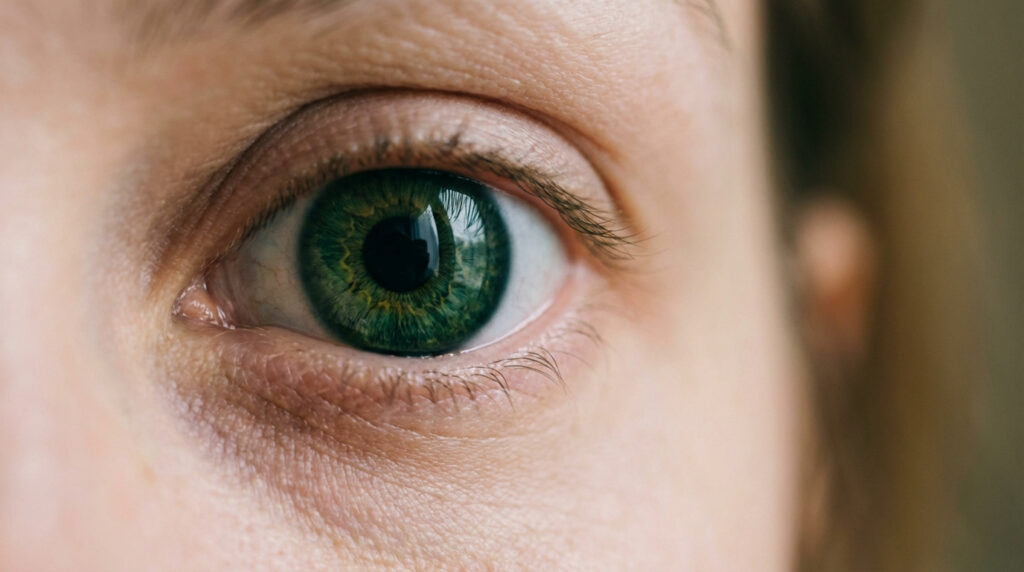 Gros plan détaillé d'un œil humain vert avec une pupille noire dilatée et des reflets lumineux sur l'iris.