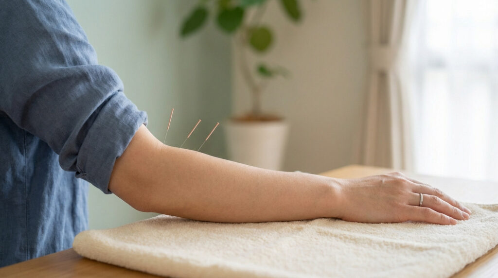 Close-up of a person's forearm receiving acupuncture, with needles gently placed on the skin. Hand relaxed on a towel in a soft, naturally lit room.