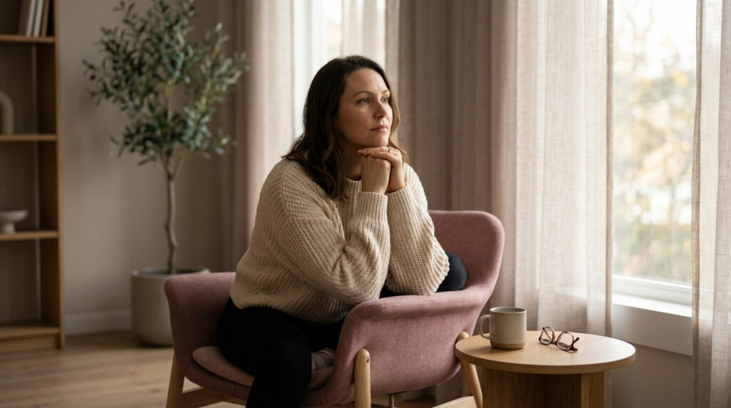 A woman in a cream sweater sits thoughtfully in a pink armchair by a window, hands clasped. Natural light fills the modern, calm room.