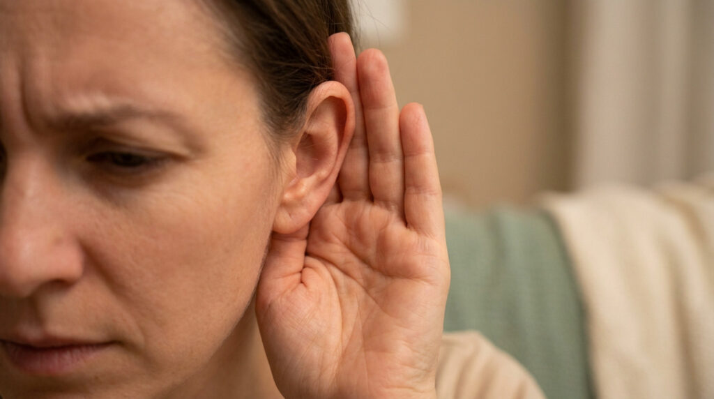 A woman's hand cupped behind her ear, indicating deep concentration or a struggle to hear, with a subtly concerned expression.
