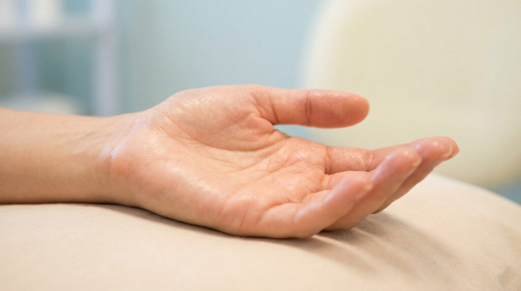 High-resolution close-up of a generic, healthy hand with an open palm, suggesting care or treatment, on a soft, blurred background.