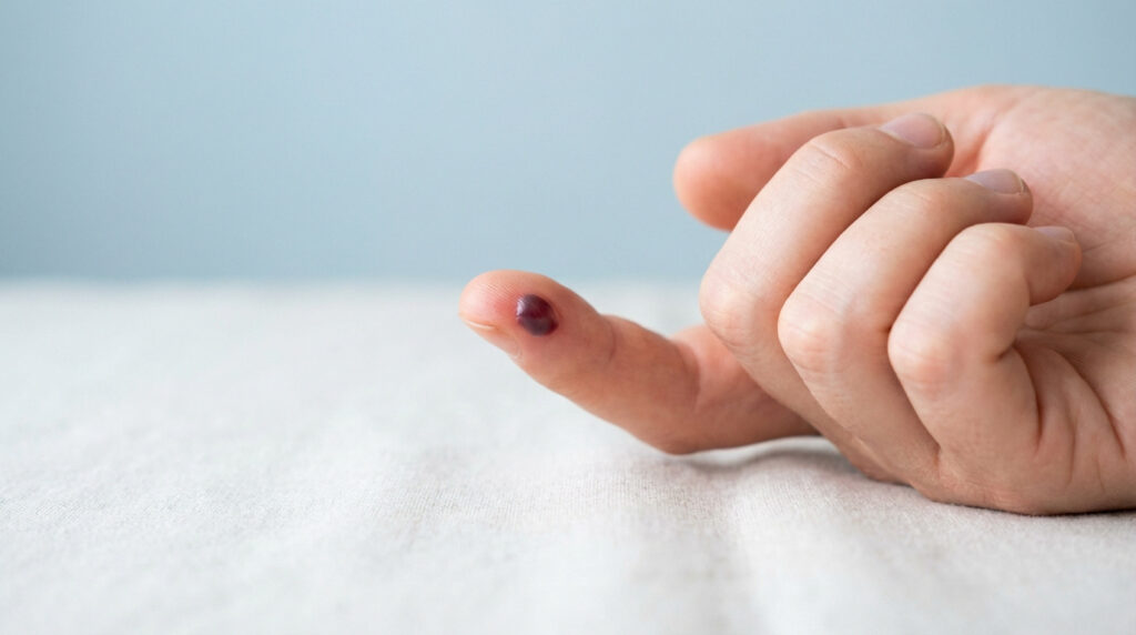 Gros plan sur un doigt avec une boule de sang rouge foncé. Il est posé sur une surface blanche devant un mur bleu clair.