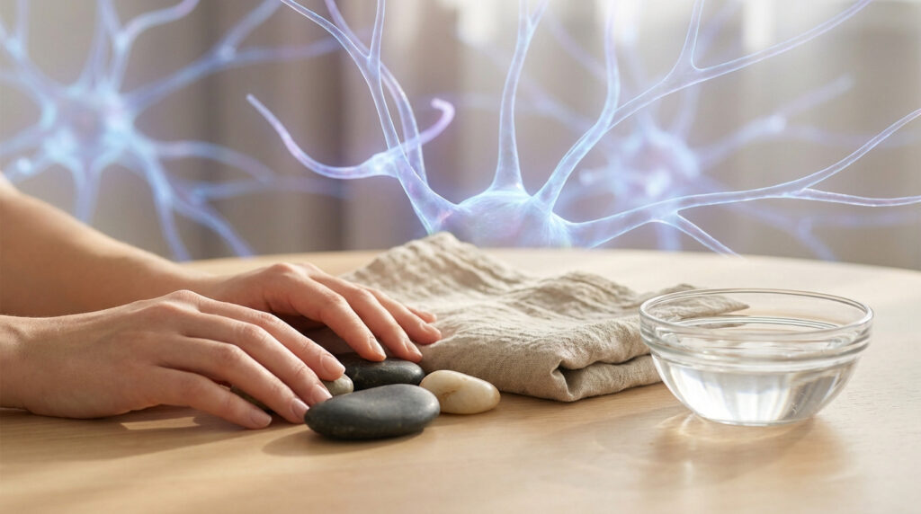 Mains touchant des galets lisses, un tissu et un bol d'eau, sur fond de neurones lumineux, illustrant la rééducation sensorielle.