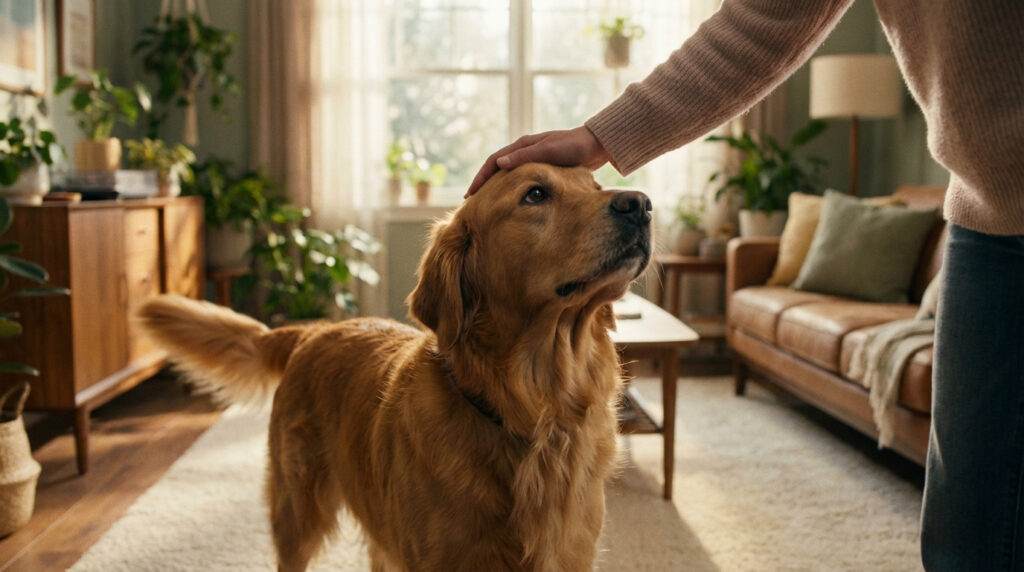 Un Golden Retriever est caressé sur la tête par une main humaine dans un salon lumineux, regardant son maître avec tendresse.