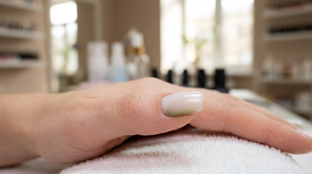 Gros plan d'un pouce avec un faux ongle. Une tache verdâtre est visible à la base, signe d'un ongle vert et potentielle infection.