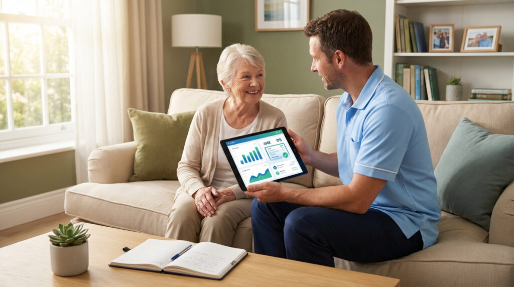 Kiné à domicile montrant sur tablette à une patiente âgée souriante les données de suivi et les tarifs des soins.