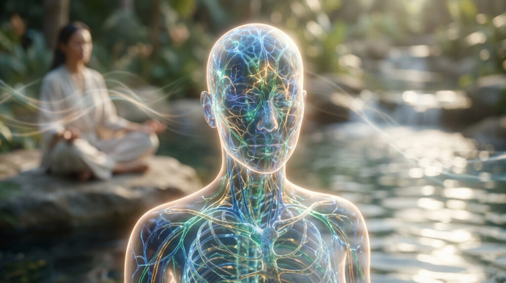 Représentation holographique du corps humain avec réseaux lumineux, devant une personne méditant près d'une cascade naturelle.