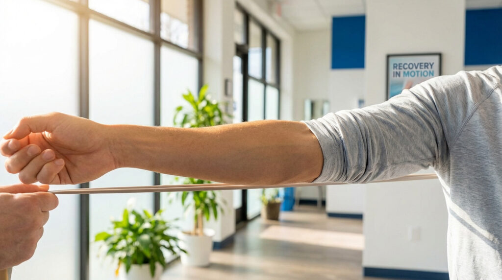 Un patient effectue un exercice de rééducation du bras et du coude avec une bande de résistance, assisté par un thérapeute.