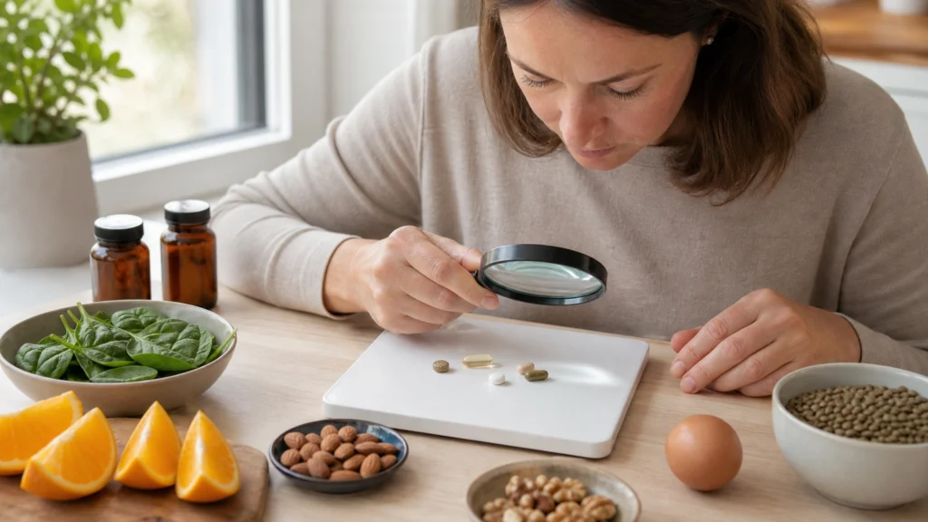 Nutritionniste examinant des multivitamines près d'aliments variés