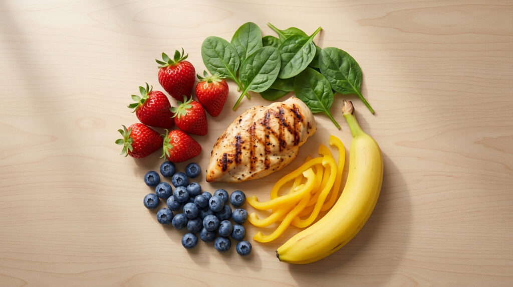 Assortiment d'aliments faibles en FODMAP : poulet grillé, épinards, fraises, myrtilles, poivron jaune, banane sur bois.