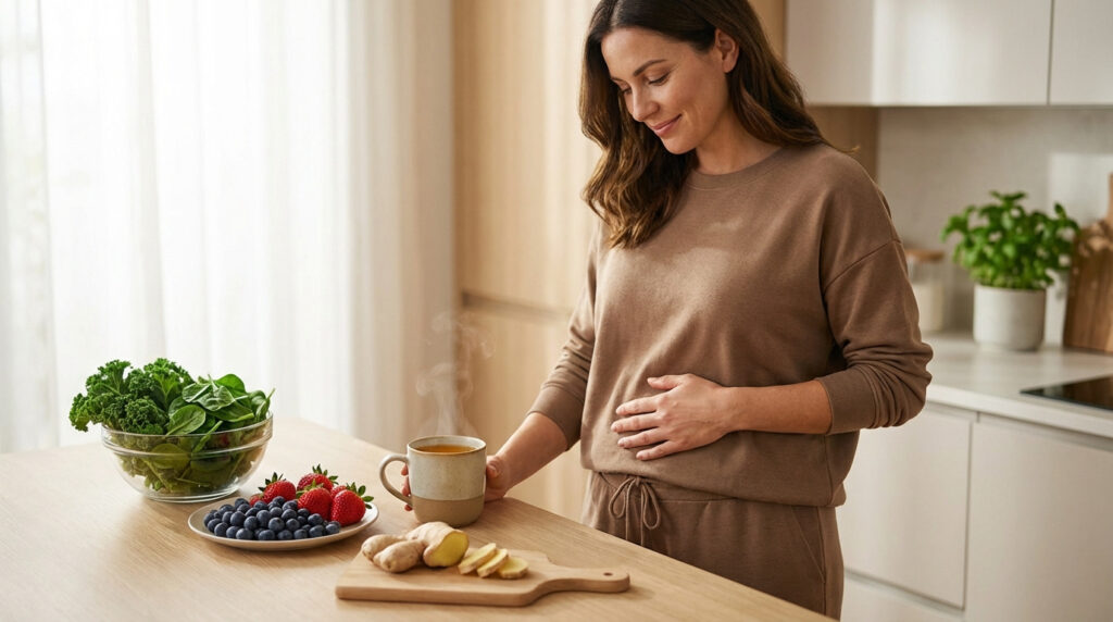 Une femme apaisée touchant son ventre, avec une tisane fumante, du gingembre, des baies et des légumes verts pour la digestion.