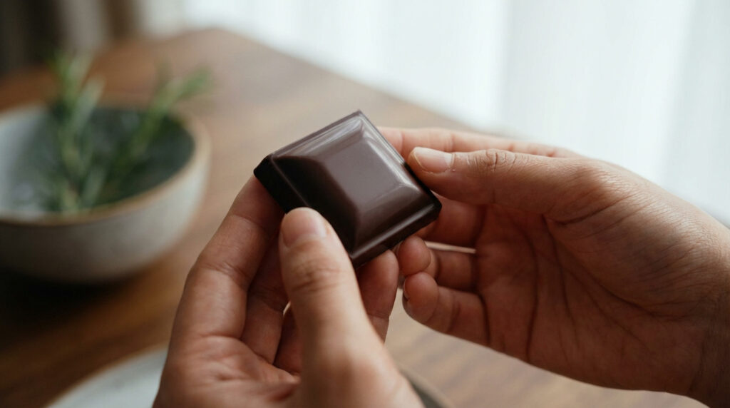 Deux mains tiennent délicatement un carré de chocolat noir brillant sur fond flou de bois et d'un bol avec des herbes.