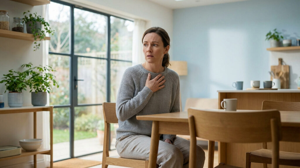 Femme assise à table, main sur la poitrine, l'air inquiet, dans une cuisine lumineuse. Elle pourrait ressentir une gêne.